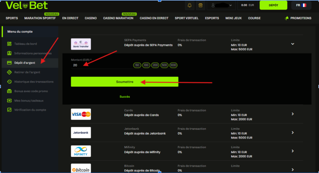 Velobet faire un dépôt d'argent