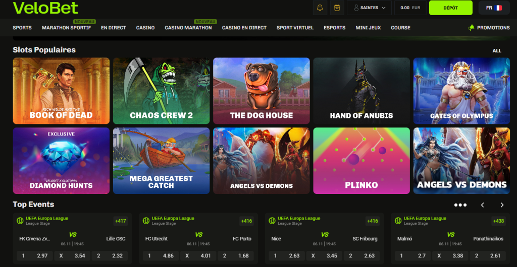 Velobet jeux et machines à sous